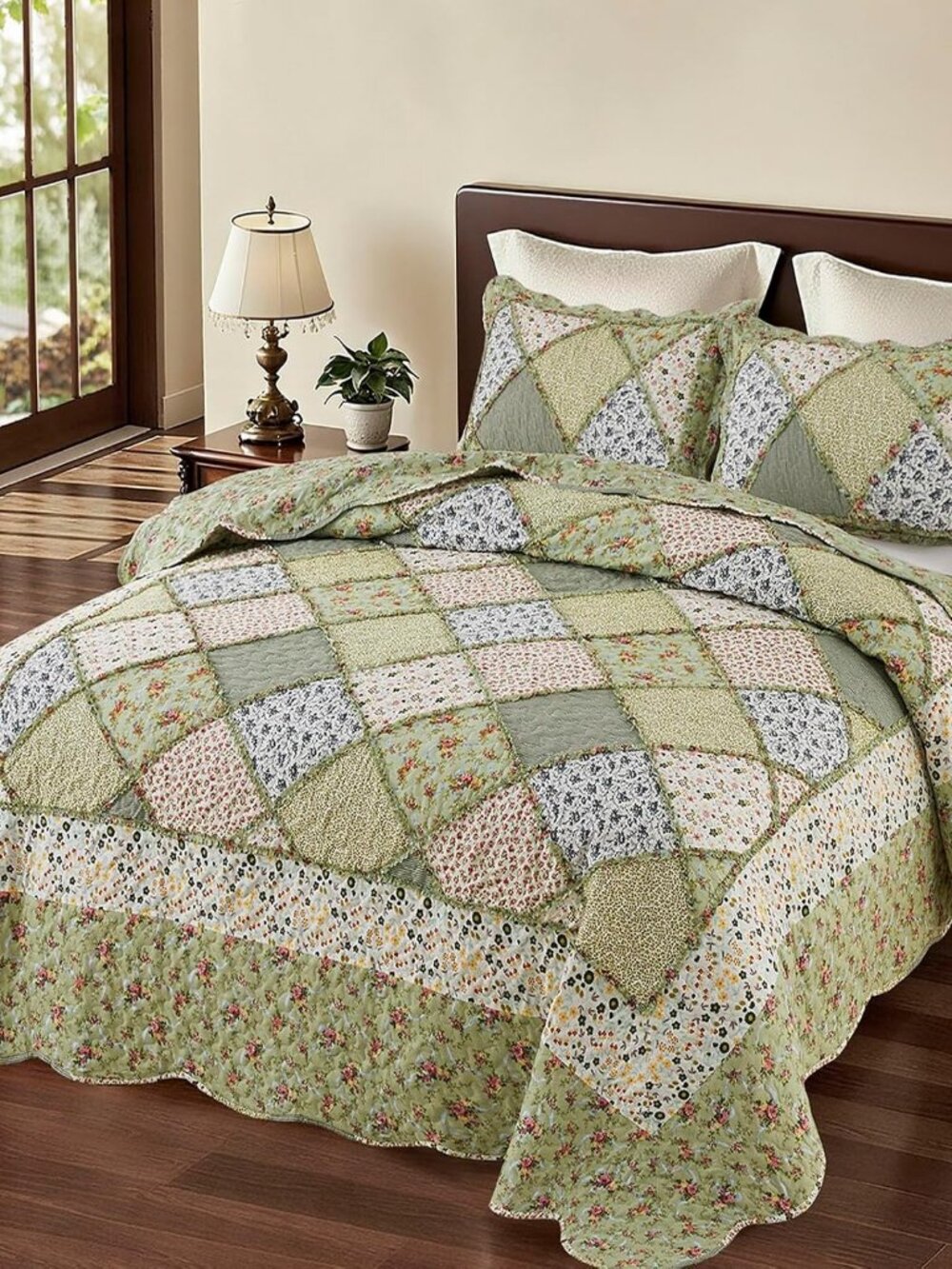 Full/Queen Size Quilt Set Green Floral Patchwork Bedspreads Coverlet Set